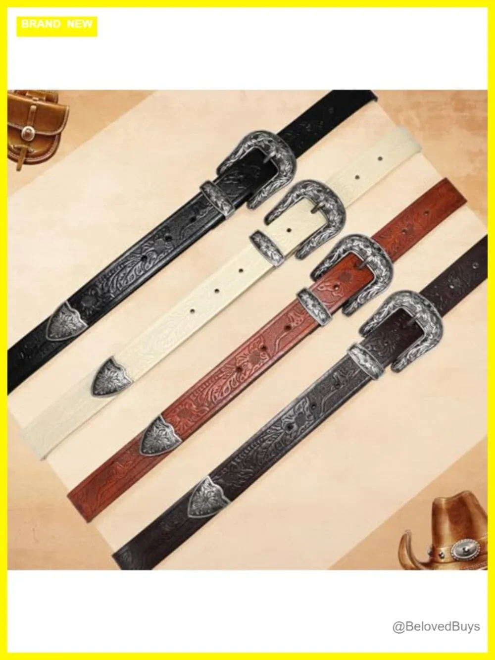 Vintage Floral Carved Western Belt for Women PU Leather Alloy Buckle